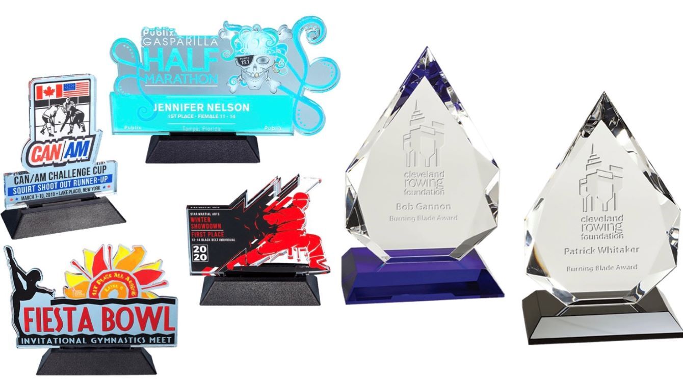 Acrylic awards in custom shapes and engraved crystal awards