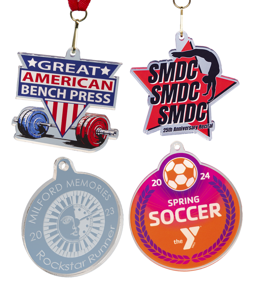Group image of custom acrylic medals for various sports. | Maxwell Medals