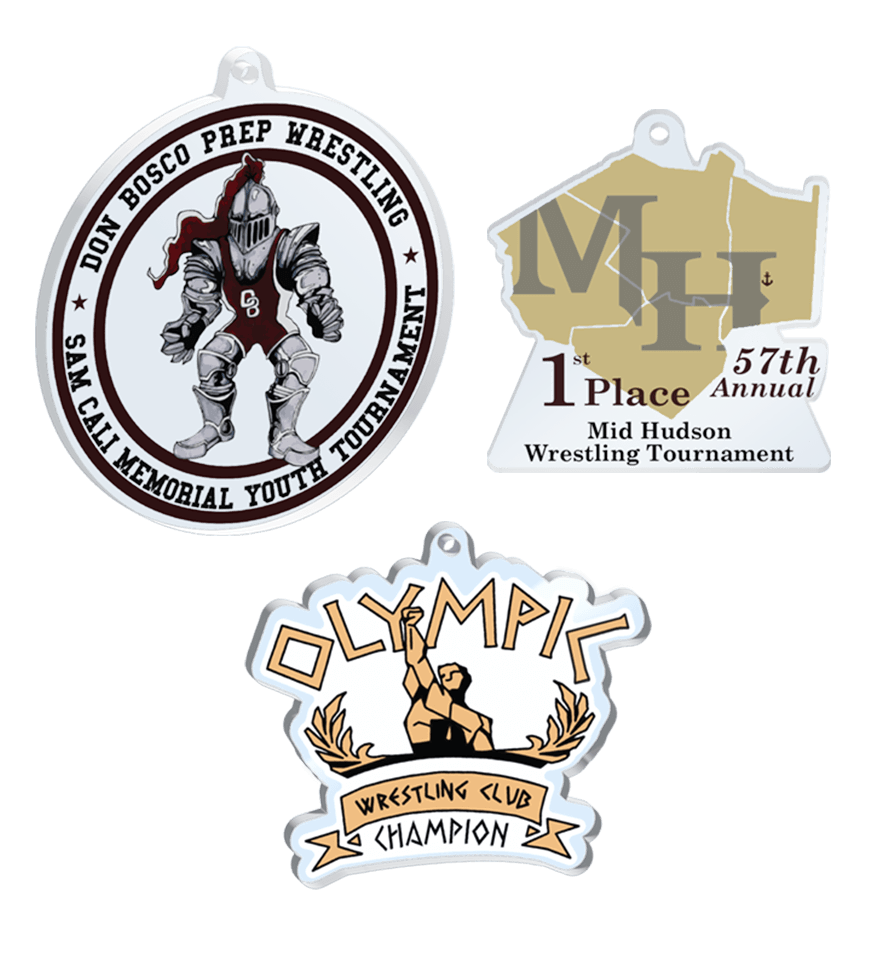 Group image of custom wrestling medal, soccer custom medal, running custom medals