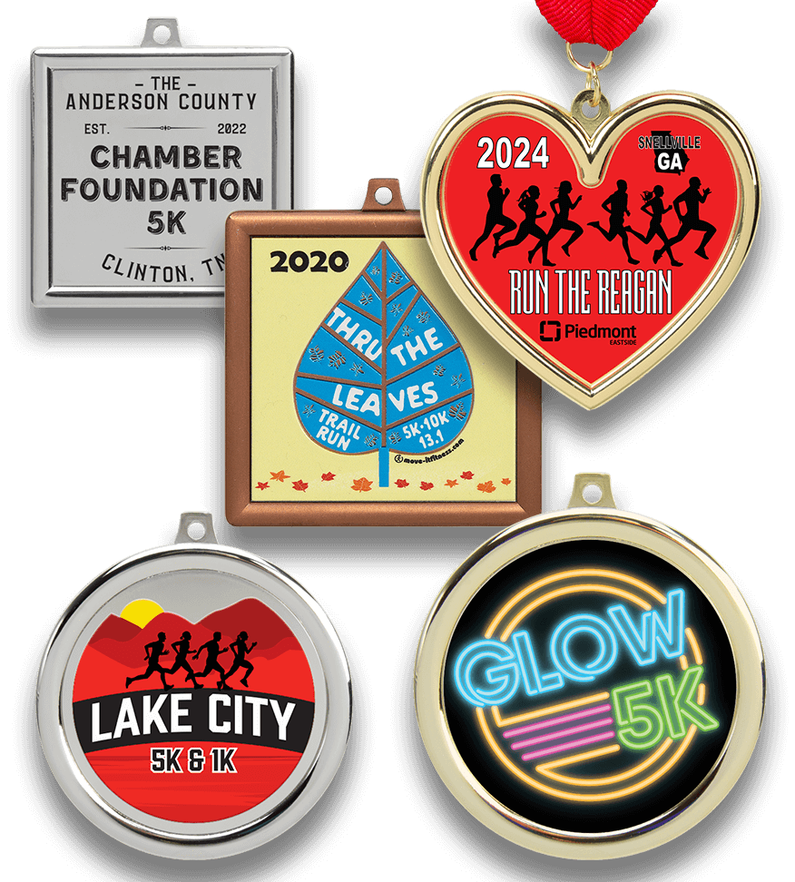 Group image of academic custom medal, soccer custom medal, running custom medal, wrestling custom die cast medals