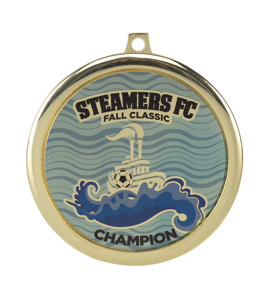 gold soccer medal with color print, steamers FC fall classic soccer medal