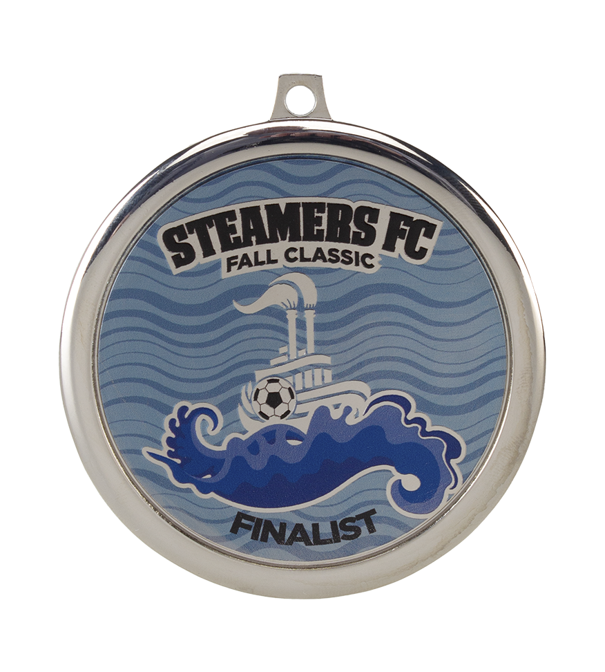 Silver soccer medal with color print, steamers FC fall classic soccer medal