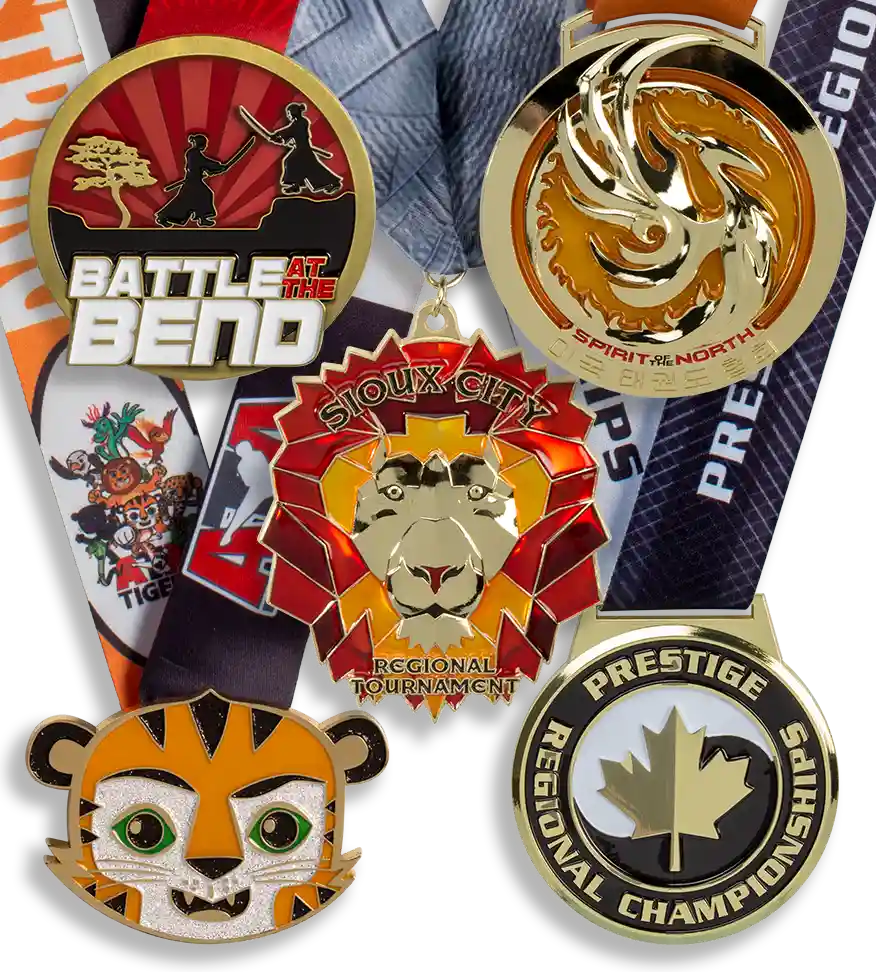 Group image of custom martial arts medals, ATA Martial Arts Medals, ATA Tigers custom medal, prestige regional championships custom medal, battle at the bend Taekwondo tournament medal, sioux city regional tournament martial arts medal, spirit of the north martial arts custom medal, custom die cast martial arts medals