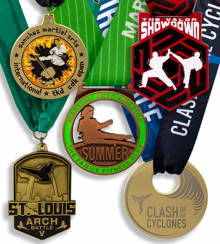 Group image of custom martial arts medals, custom taekwondo medals, martial arts america, st. louis arch battle martial arts medal, custom karate medal, sport martial arts medal, custom die cast martial arts medals