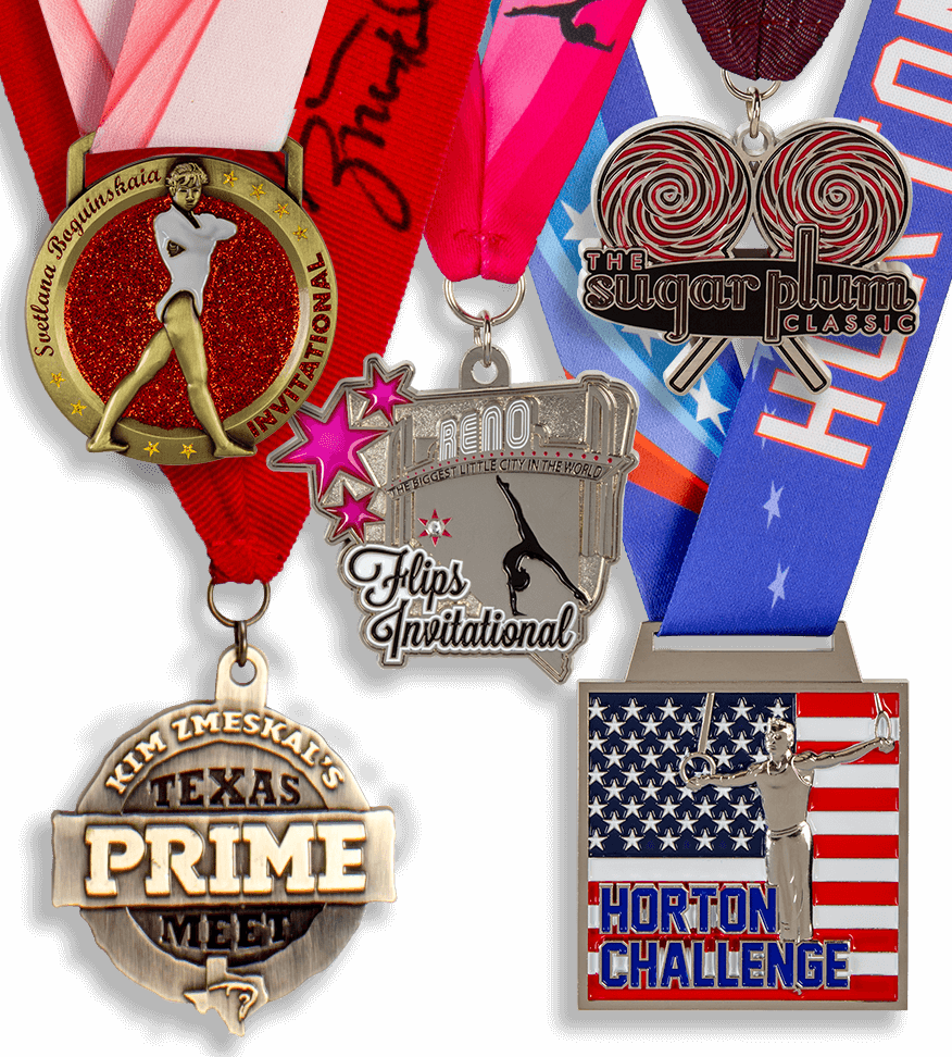 Group image of custom gymnastics medals, the sugar plum classic gymnastics meet, Gymnastics Academy of Atlanta custom medals, svetlana boginskaya gymnastics invitational custom medal, kym zmeskai's texas prime gymnastics meet custom medal, Flips USA Gymnastics, Flips Invitational Gymnastics custom medal, The Horton Challenge mens gymnastics custom medal, Metroplex Gymnastics custom medals, custom die cast gymnastics medals