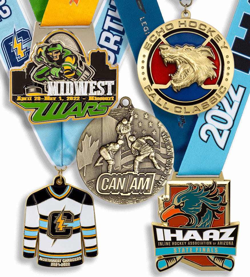 Group image of custom hockey medals, midwest wars hockey tournament medals, CAN/AM Hockey youth challenge medals, CAN/AM Hockey Group, IHAAZ State Finals hockey medal, Inline hockey association of Arizona custom hockey medals, Northwest Chargers Hockey Association, ECHO Fall Classic Hockey medals, East Coast Hockey Organization tournament medals, custom die cast hockey medals