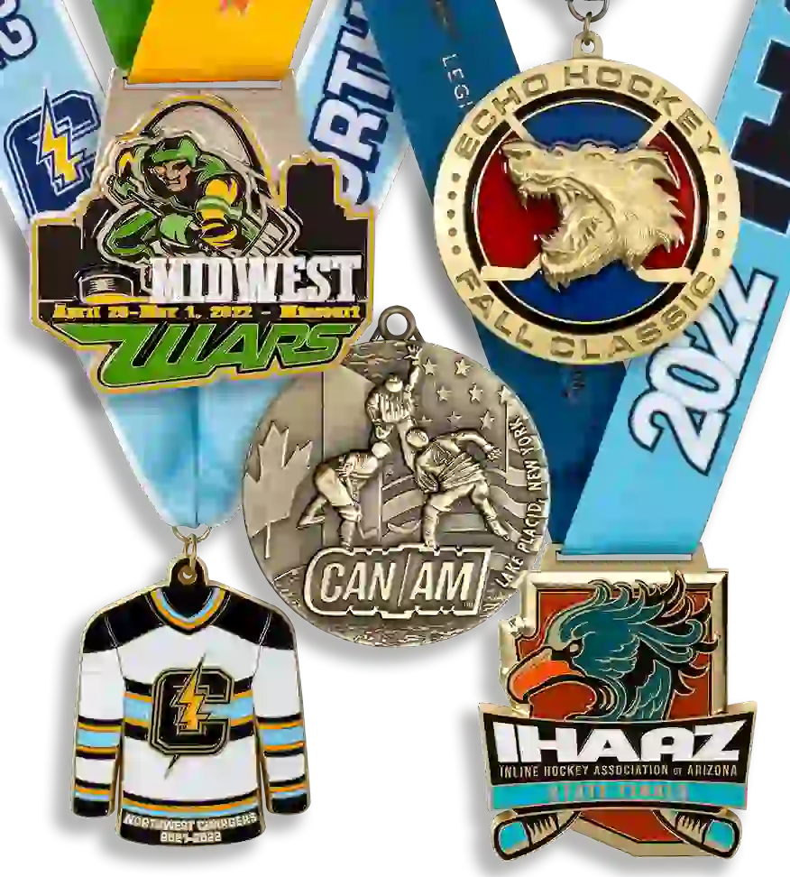 Group image of custom hockey medals, midwest wars hockey tournament medals, CAN/AM Hockey youth challenge medals, CAN/AM Hockey Group, IHAAZ State Finals hockey medal, Inline hockey association of Arizona custom hockey medals, Northwest Chargers Hockey Association, ECHO Fall Classic Hockey medals, East Coast Hockey Organization tournament medals, custom die cast hockey medals