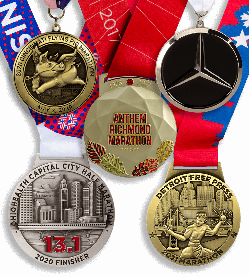 Group image of custom die cast medals, running medals, flying pig marathon finisher medal, mercedes benz marathon finisher medal, detroit free press marathon finisher medal, anthem richmond marathon finisher medal, ohio health capital city half marathon finisher medal