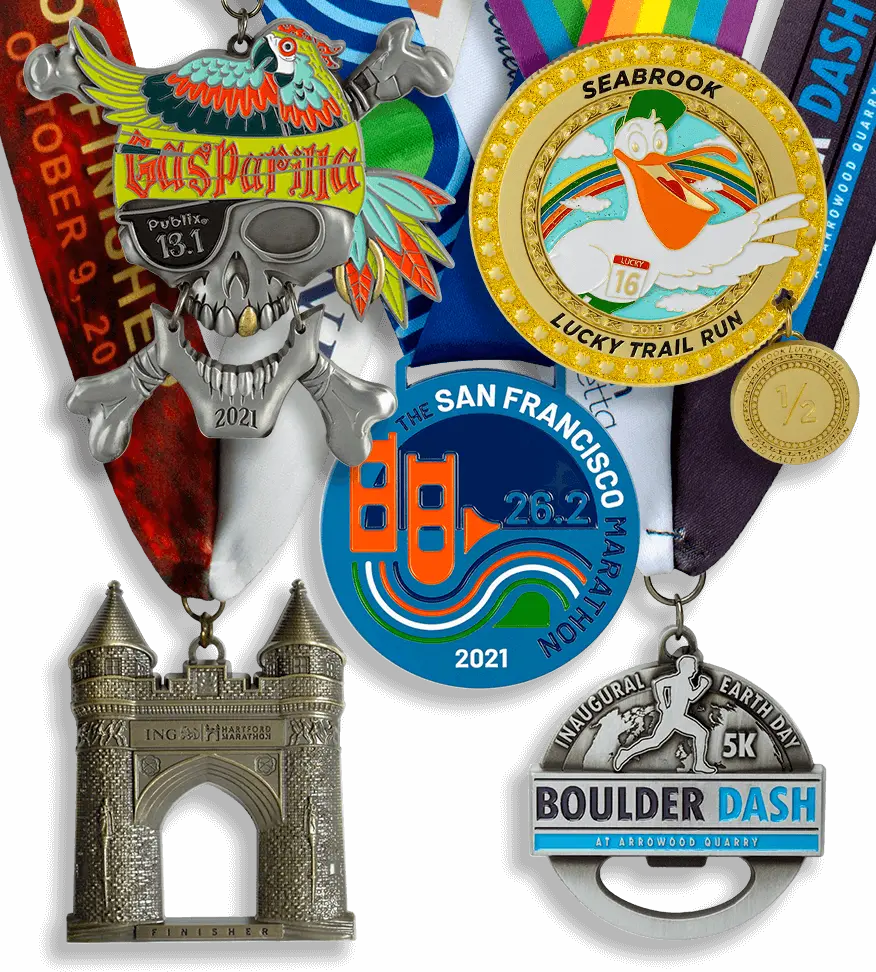 Group image of custom running medals, custom marathon medals, custom finisher medals, the san francisco marathon medal, earth day 5K boulder dash 5K medal, Hatford marathon medal, run gasparilla half marathon medal, custom medal half marathon seabrook lucky trail run, custom medal with charms, custom medal bottle opener, custom medals for running, road race medals, die cast running medals