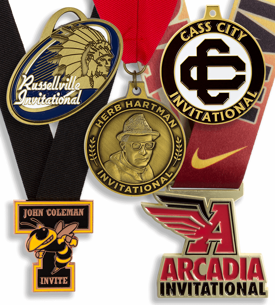 Group image of custom track & field medals, Group image of track and custom cross country medals, Russellville High School Track Invitational medals, cass city XC invitational medal, custom cross country medals, track and field invitational custom medals