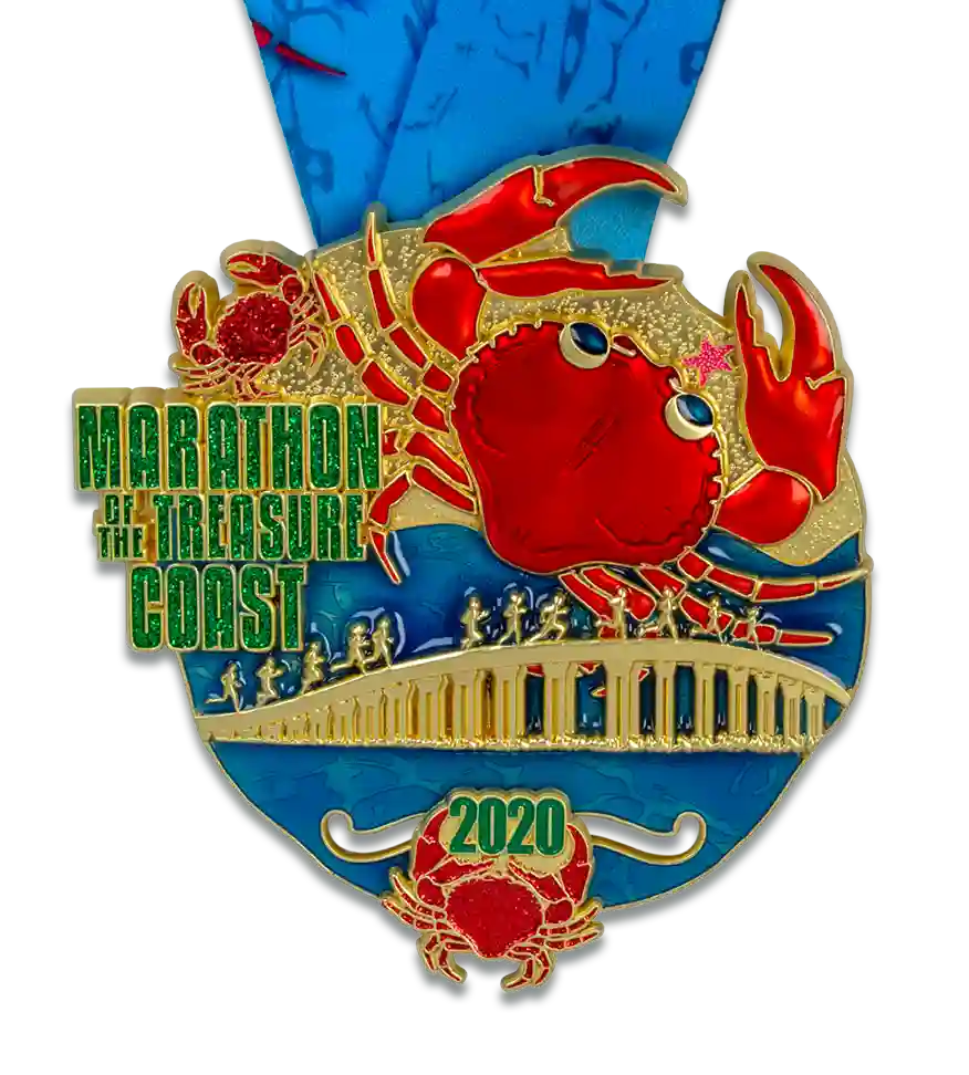 Custom running medal, marathon medal, custom medal with moving parts, finisher medal, road race, marathon of the treasure coast medal, custom die cast running medal