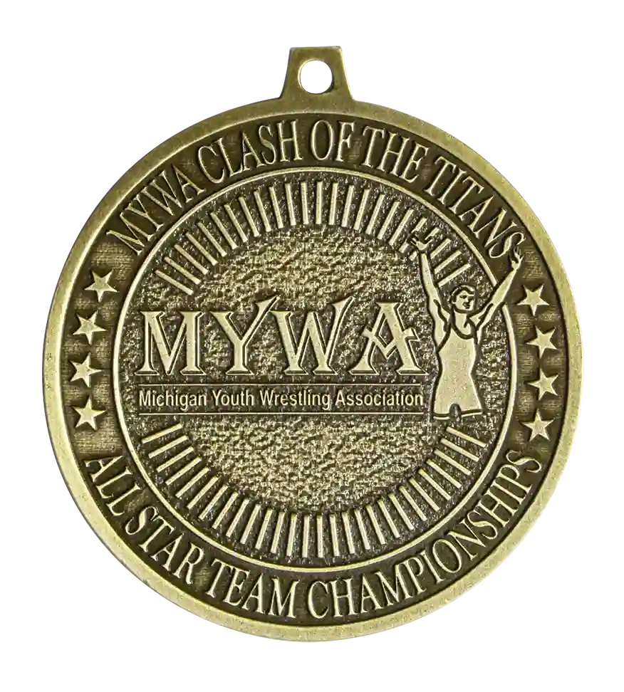 Custom wrestling medal, MYWA tournament medal, MYWA all star team championships, michigan youth wrestling association medals, custom medals for wrestling championships, custom die cast wrestling medals