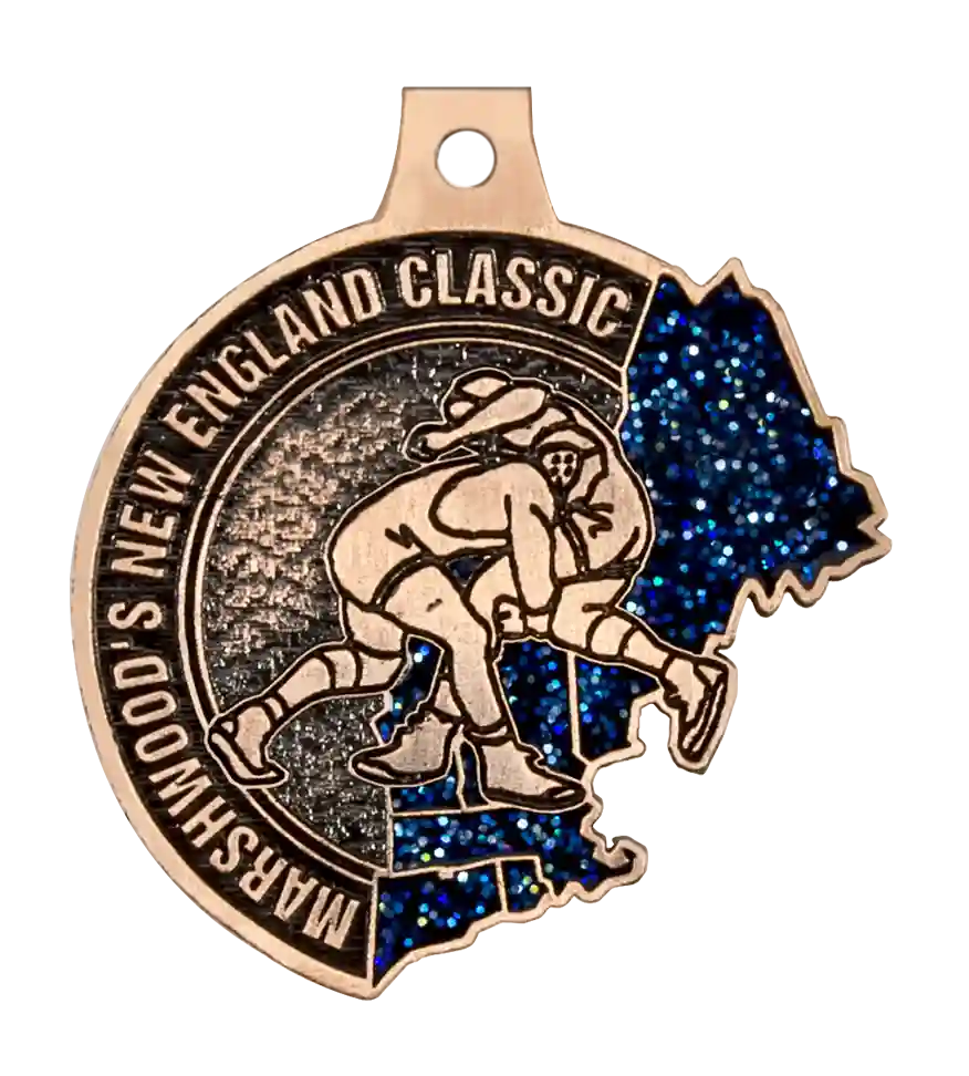 Custom wrestling medal, marshwood's new england classic, custom wrestling medal with color, youth wrestling medals, custom medal with glitter, custom die cast wrestling medals