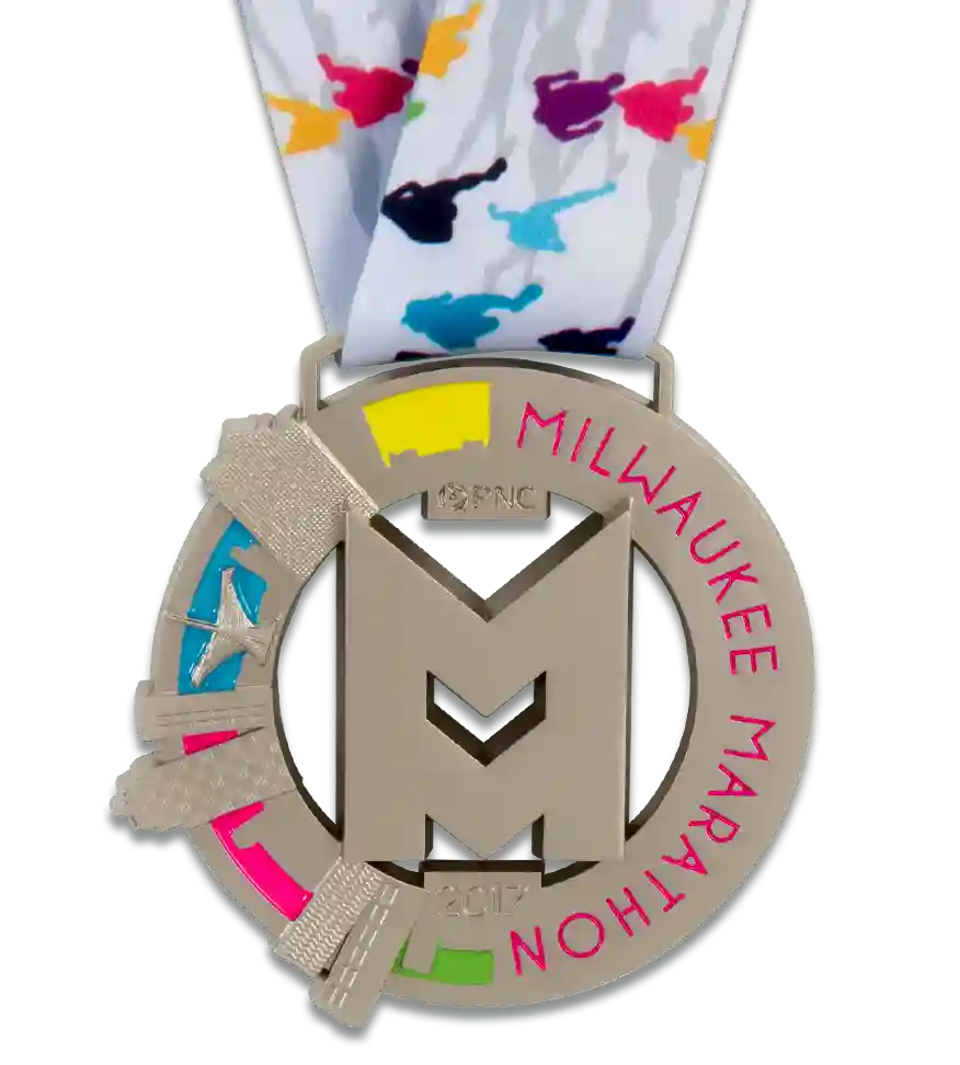 Custom running medal, marathon medal, finisher medal, road race, milwaukee marathon medal, custom die cast running medal, colorful custom medal, medal with cut outs