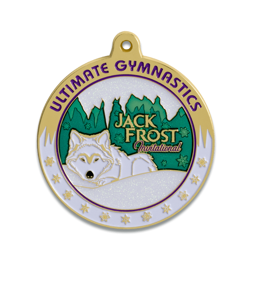 Custom gymnastics medal, gymnastics tournament medals, jack frost invitational gymnastics medal, custom die cast medal