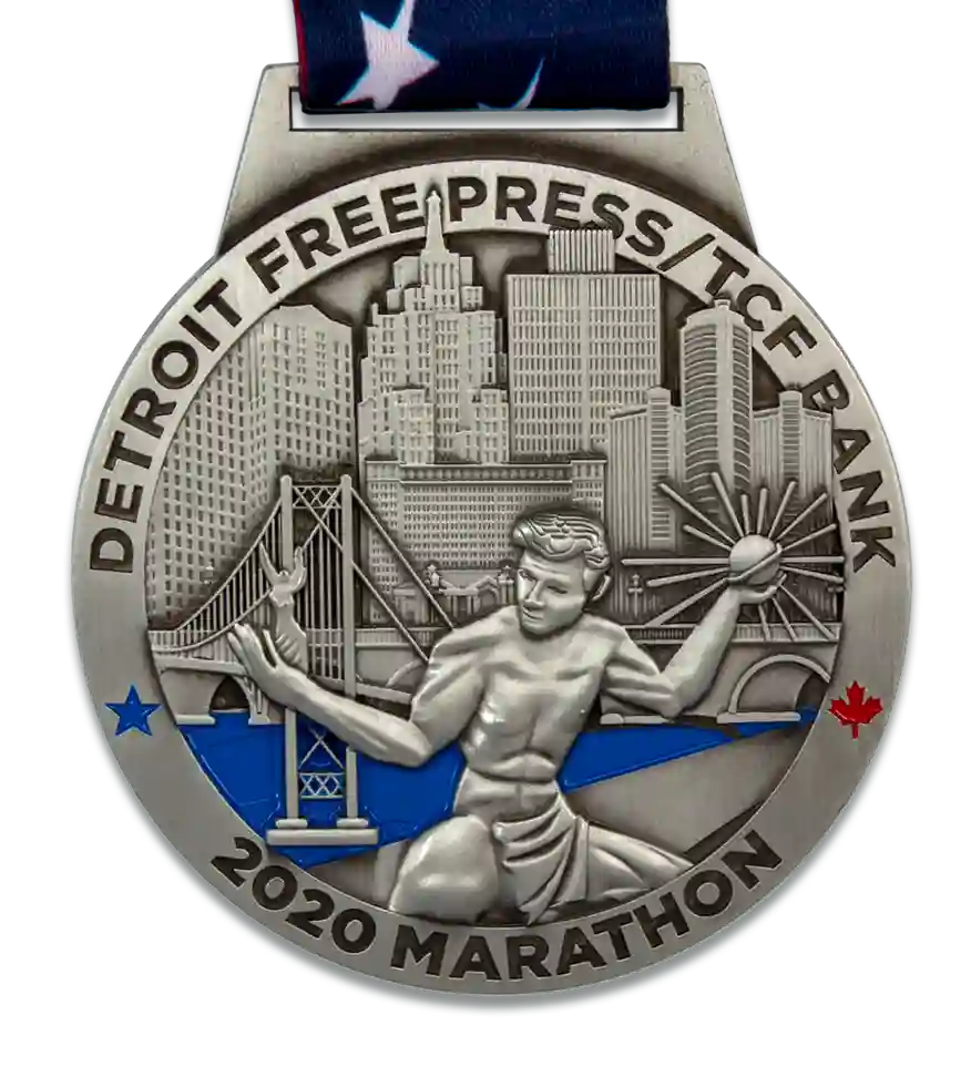 Custom running medal, marathon medal, finisher medal, detroit freepress marathon medal, custom die cast running medal, road race medals