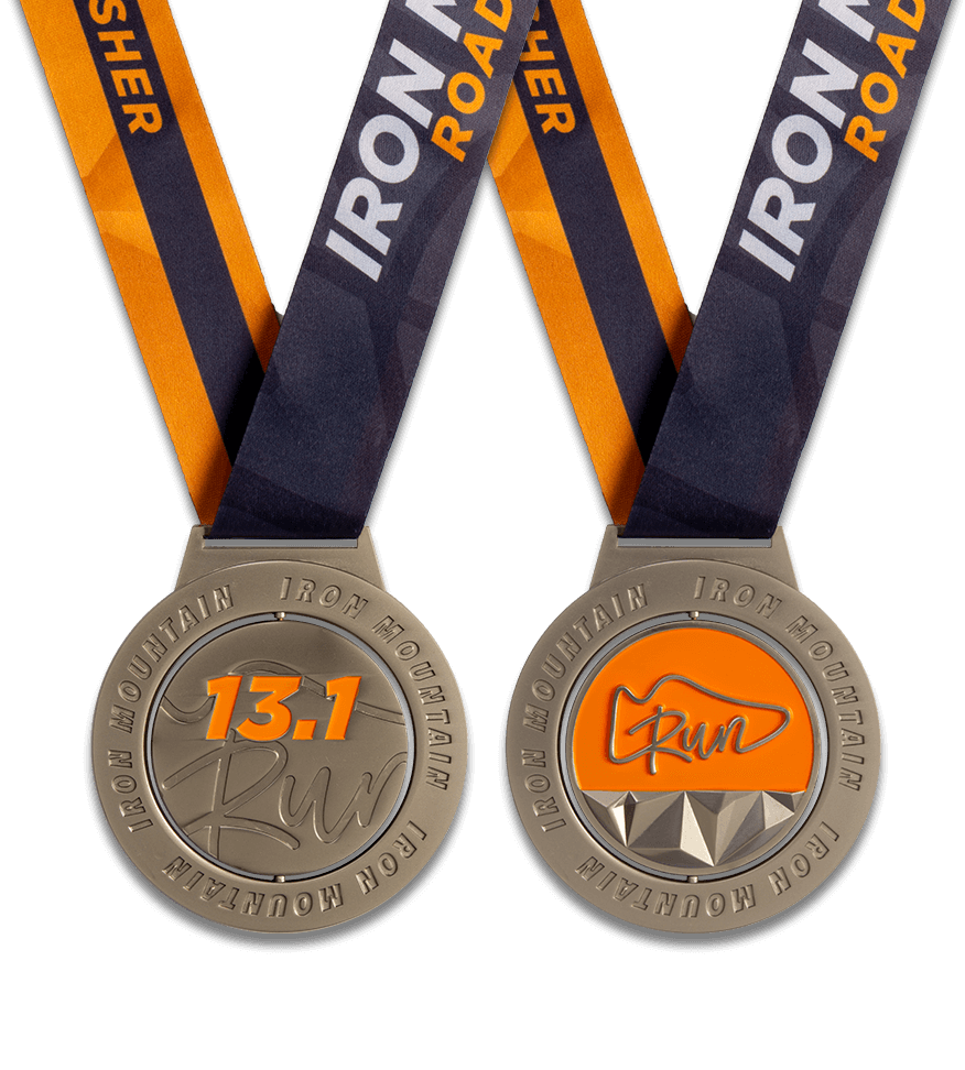 Custom trail race medals, run iron mountain running medal, road race medals, half marathon finisher medals, custom die cast running medal