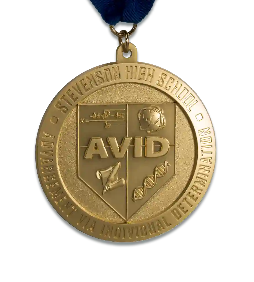 Custom academic medal, academic award, custom medal for academic achievment, AVID, Advancement Via Individual Determination medal, AVID medal, die cast academic medals