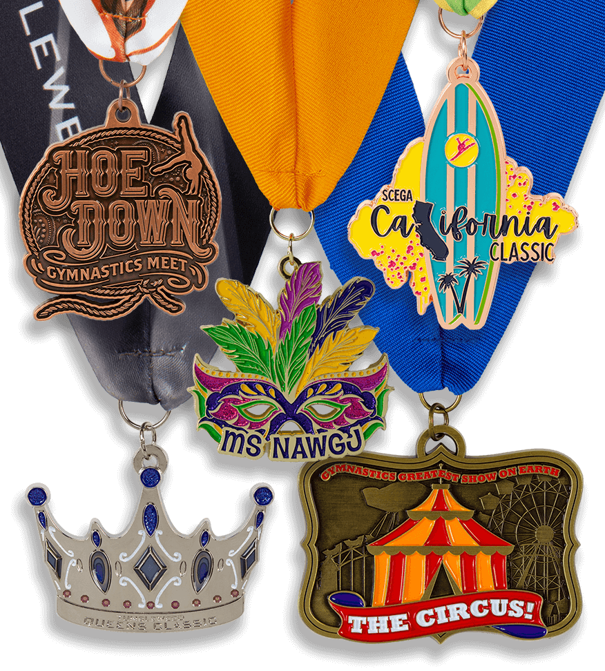 Group image of custom gymnastics medals, elevate gymnastics academy medals, gymnastics academy of atlanta custom medals, gymnastics meet medals, Chris Waller, Wallers GymJam Academy gymnastics medals, 360 events gymnastic meet vacation classic series medals, custom die cast gymnastics medals