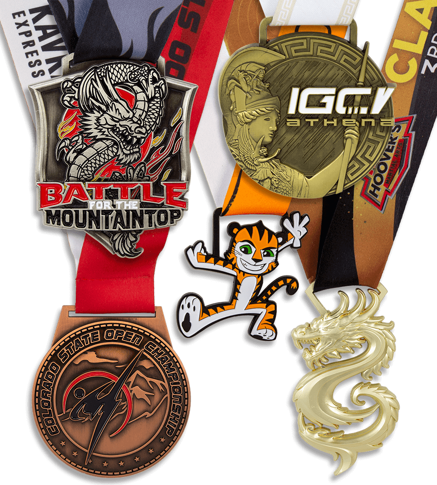 Group image of custom martial arts medals, ATA Martial Arts Medals, ATA Tigers custom medal, prestige regional championships custom medal, battle at the bend Taekwondo tournament medal, sioux city regional tournament martial arts medal, spirit of the north martial arts custom medal, custom die cast martial arts medals
