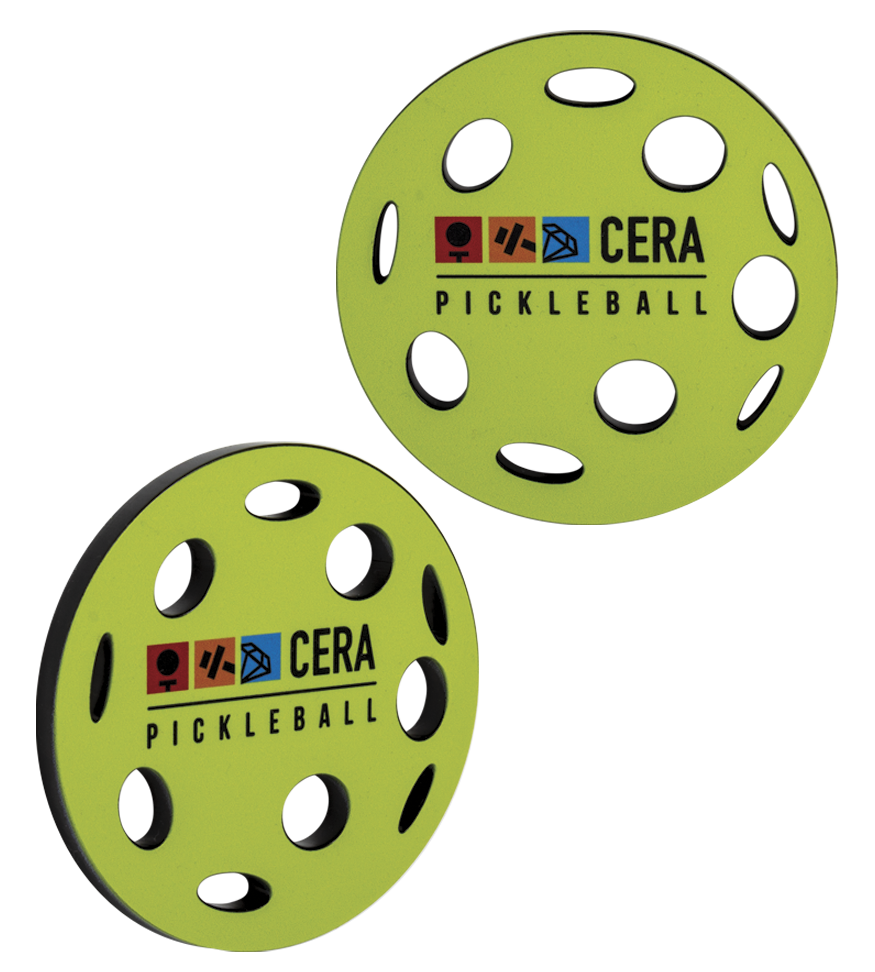 Image of a custom shaped acrylic medal for the Dollyball Pickleball Tournament. | Maxwell Medals