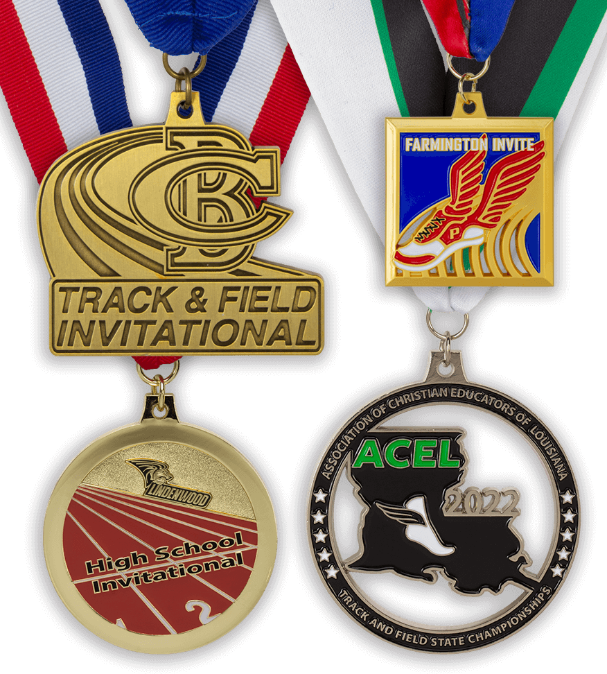 Group image of custom track & field medals, Group image of track and custom cross country medals, Russellville High School Track Invitational medals, cass city XC invitational medal, custom cross country medals, track and field invitational custom medals