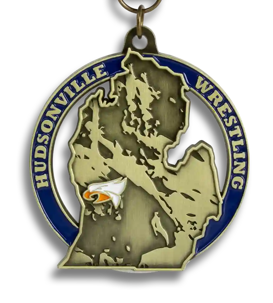 Custom wrestling medal, custom shaped medal, michigan wrestling medal, custom die cast wrestling medals