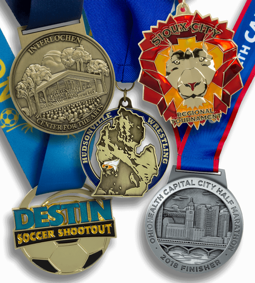 Group image of academic custom medal, soccer custom medal, running custom medal, wrestling custom die cast medals