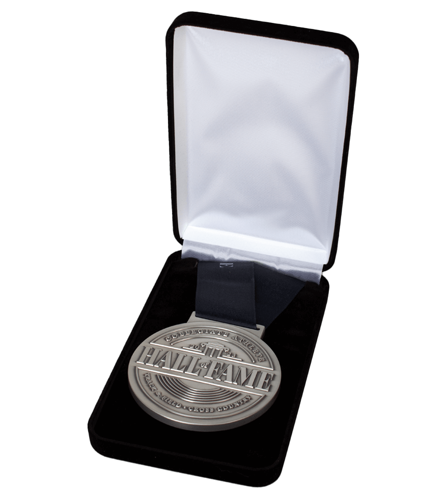 Image of 2023 collegiate athlete  track & field and cross country custom die struck medal in case. | Maxwell Medals & Awards