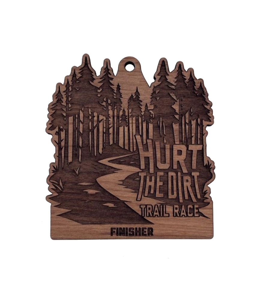 Hurt the dirt trail race medal, wooden medal for running | Maxwell Medals