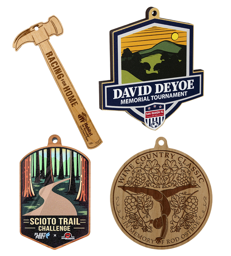Image of 4 various styles of wooden medals. | Maxwell Medals