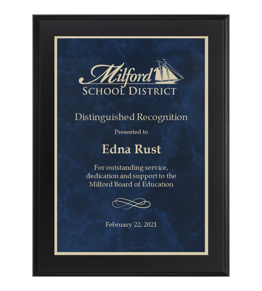 Brass Plaque Black and Blue Milford School District Award