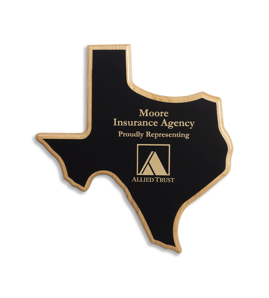 Image of a Custom Shaped Plaque in the shape of Texas made with red alder and a black flexibrass plate. | Maxwell Medals