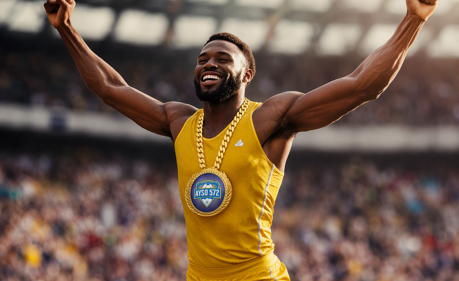 athlete wearing custom championship chain with emblem