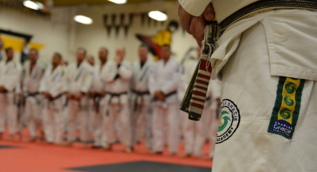 jujitsu athletes lined up at martial arts tournament