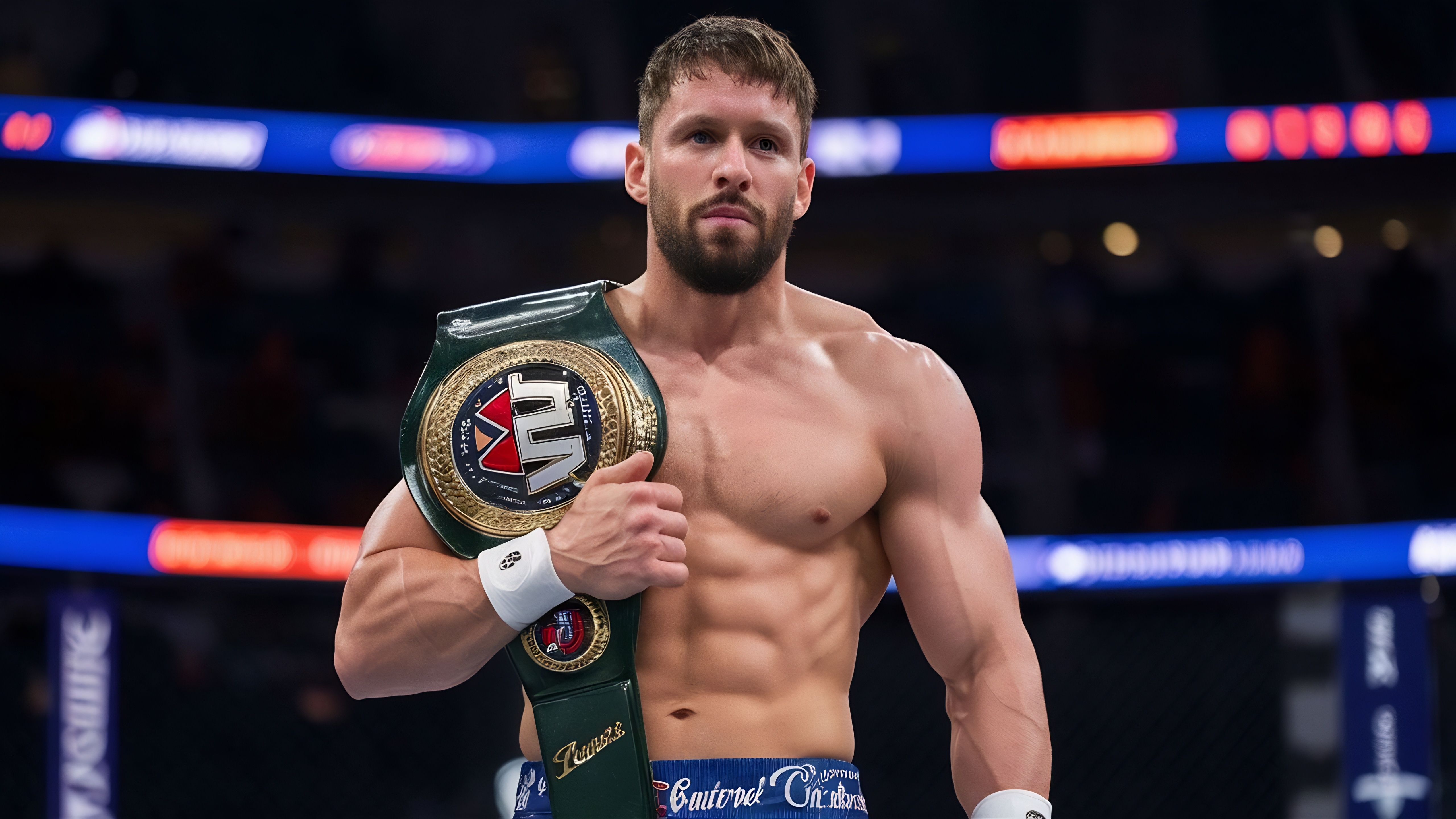 man with custom championship belt over his shoulder
